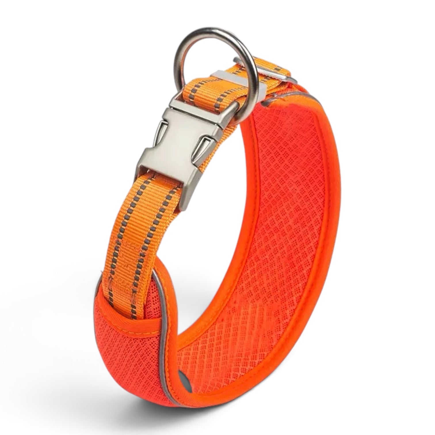 Oransje polstret hundehalsbånd med pustende mesh, reflekskant, metallspenne og stor D-ring