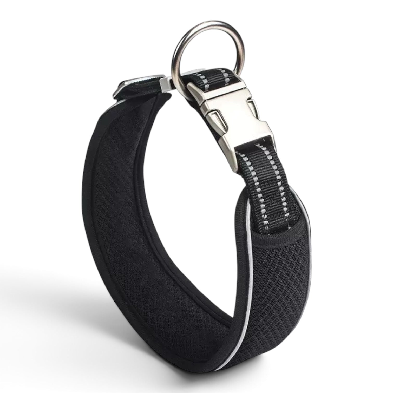 Svart polstret hundehalsbånd med myk mesh, reflekterende detaljer, metallspenne og D-ring