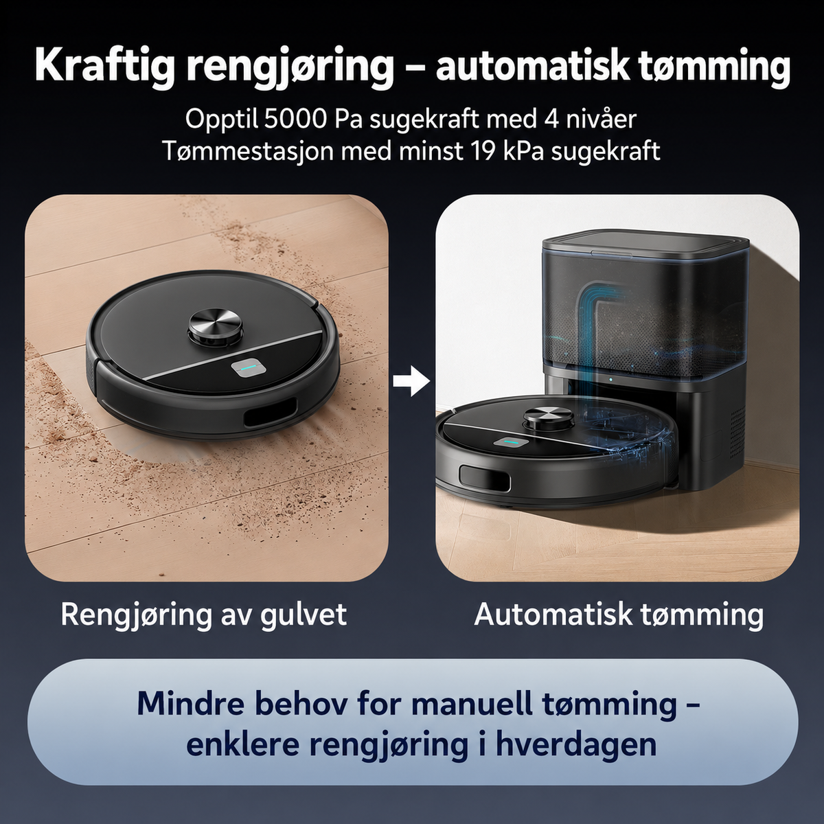 Robotstøvsuger med tømmestasjon – 5000 Pa