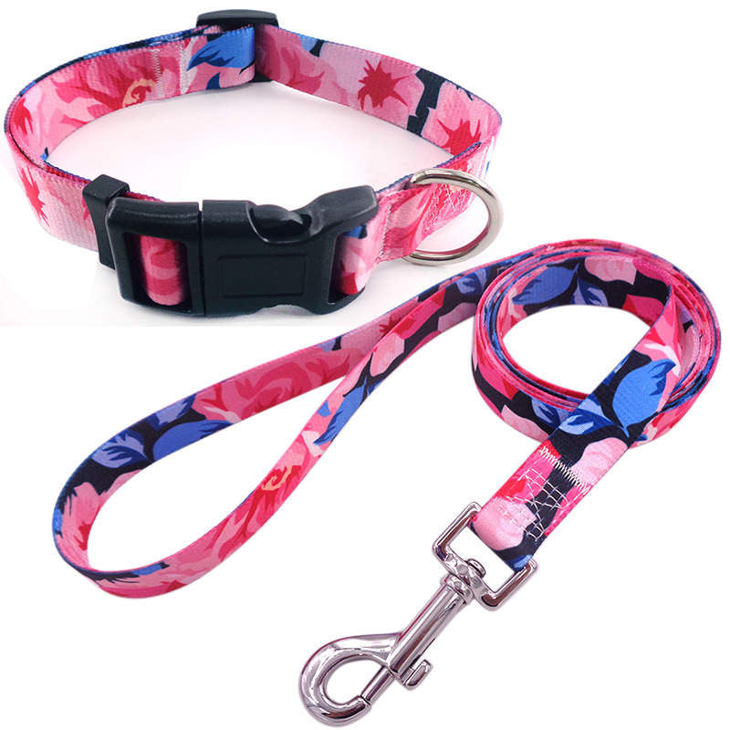 Rosa halsbånd og kobbelsett til hund