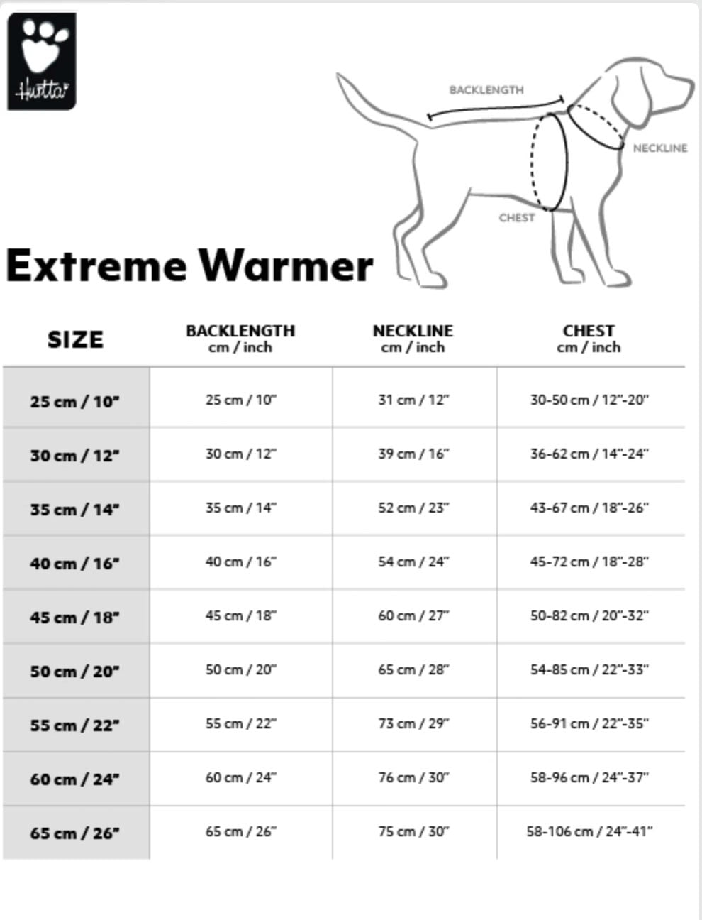 størrelsesguide Extreme Warmer