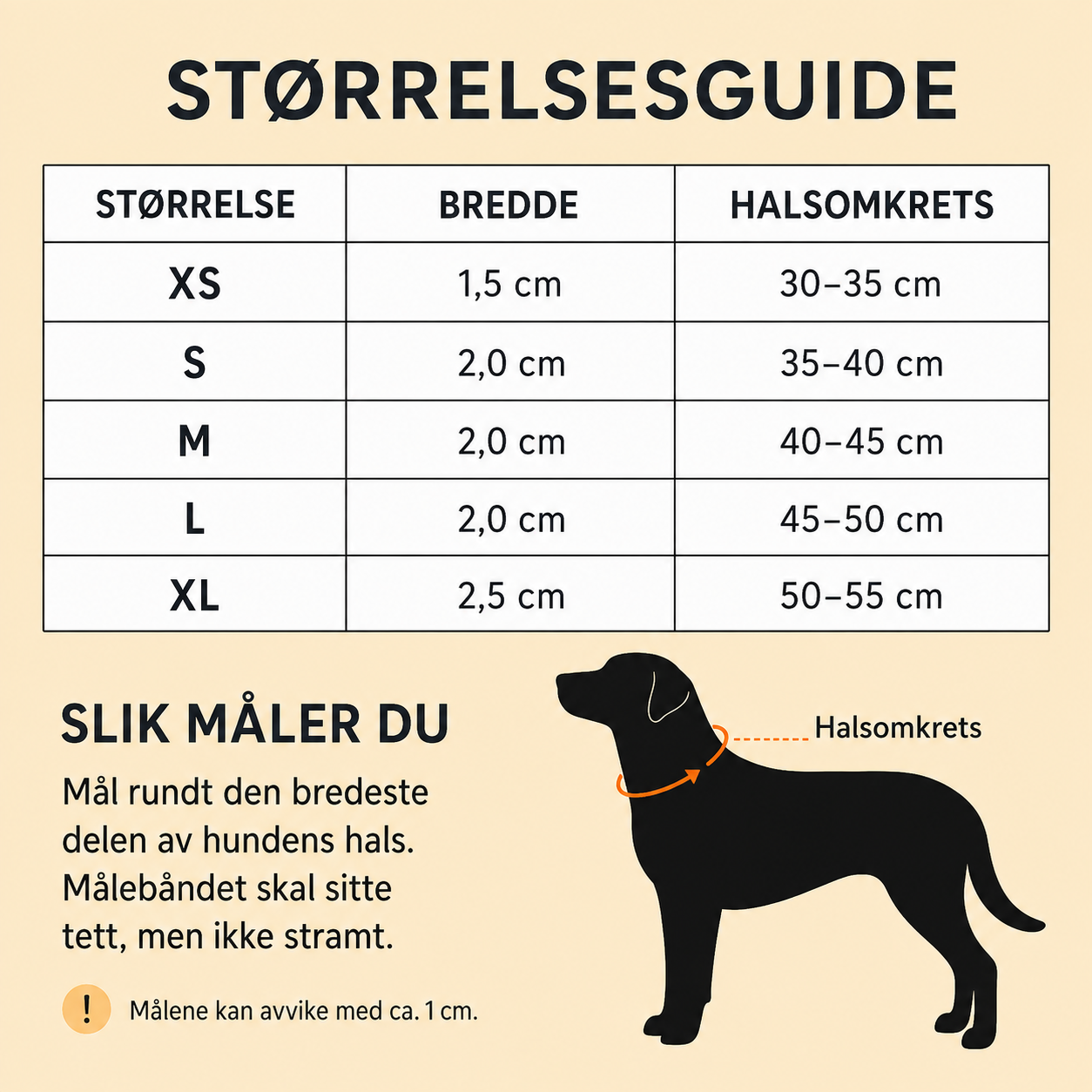 Størrelsesguide for polstret hundehalsbånd i XS til XL med bredde og halsomkrets i centimeter