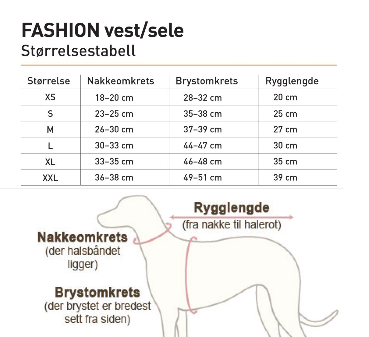 Størrelsesguide for Fashion vest med sele