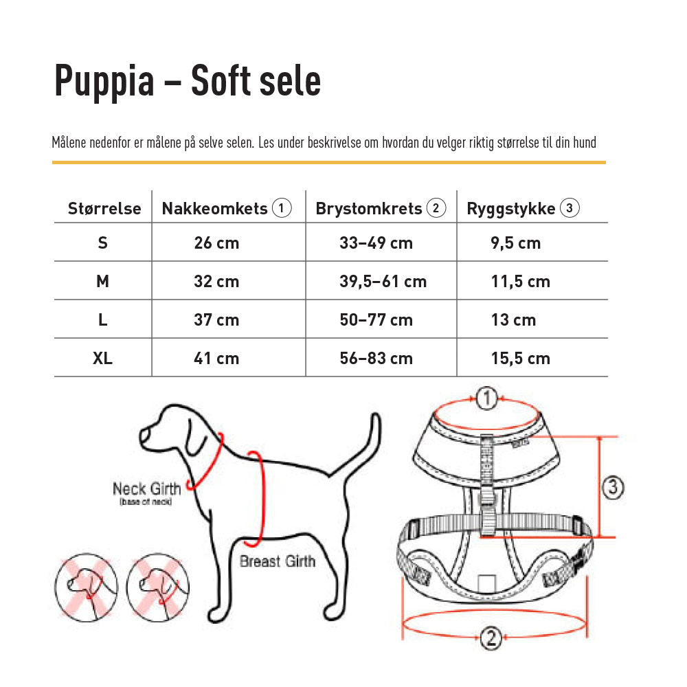 Størrelsestabell Puppia Soft C-sele