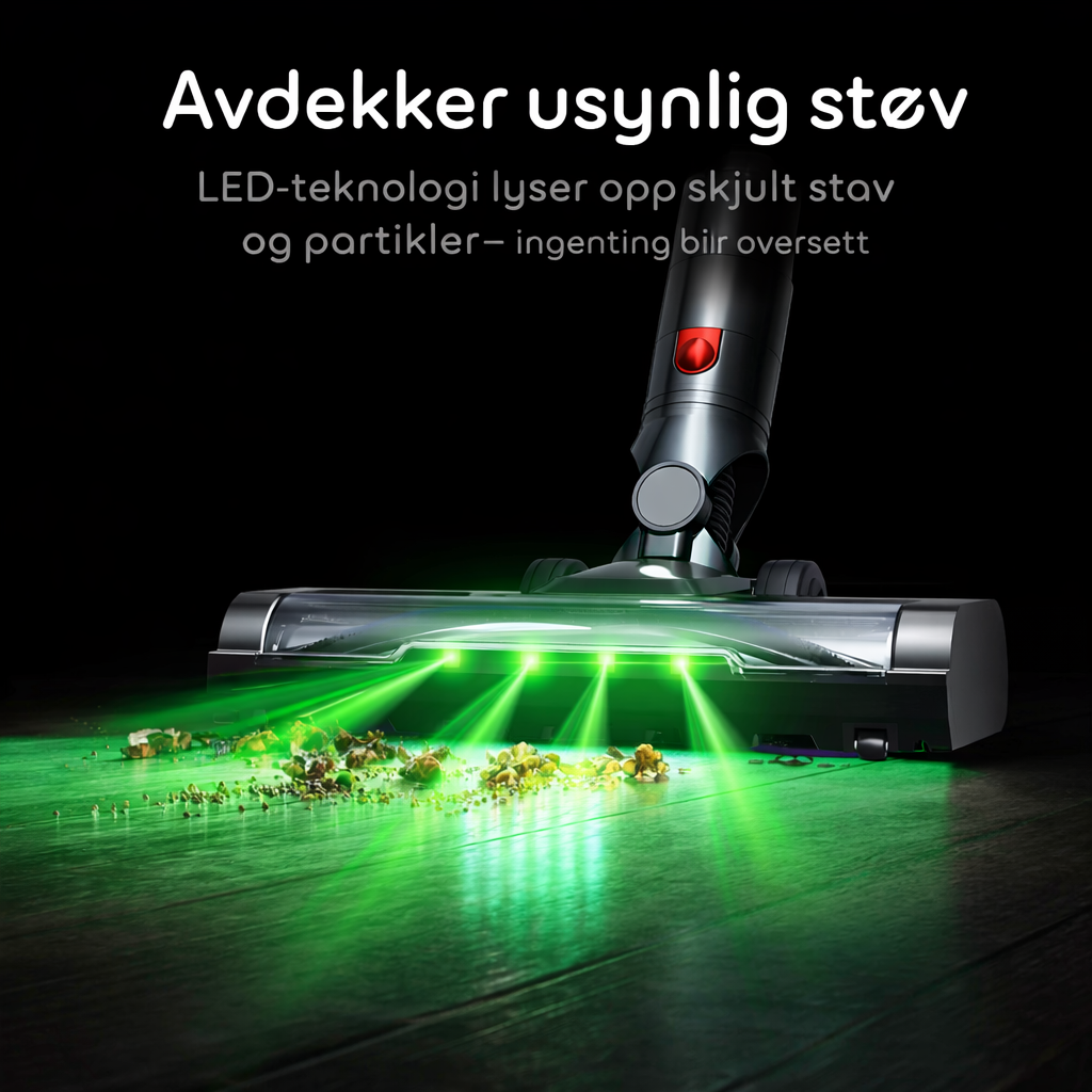 LED lys på støvsuger som lettere gjør at man ser støv eller annet smuss