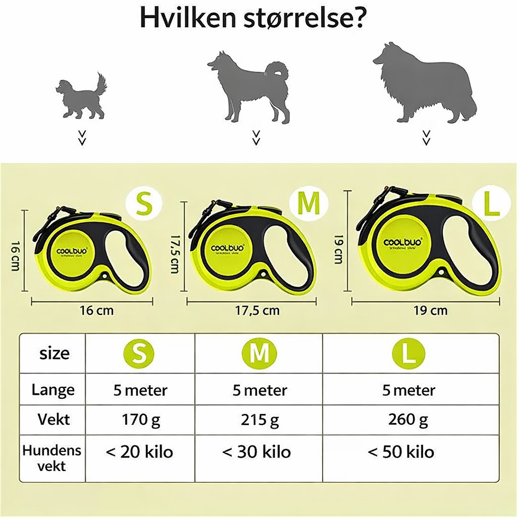 COOLBUD uttrekkbart hundebånd 5 m – med refleks og lås